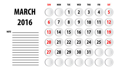 Template of calendar for 2016