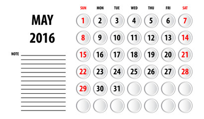 Template of calendar for 2016