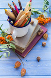 Pencils books concept back school autumn fruit