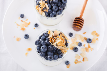 Homemade yoghurt with blueberry,almond and honey.selective focus
