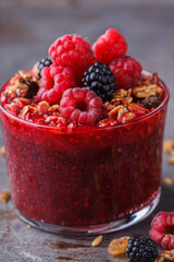 Granola, fresh berries,berry puree and honey.Healthy Breakfast.selective focus
