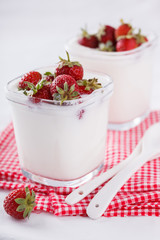 Homemade yoghurt with fresh strawberries.selective focus