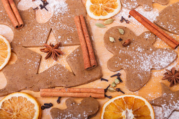 Making gingerbread cookies. Christmas baking background dough .