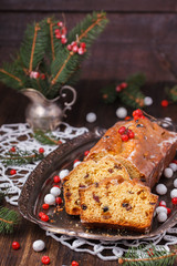 Fototapeta na wymiar Christmas fruitcake with raisins and saffron.selective focus