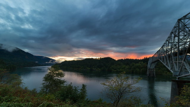 Ultra High Definition UHD 4k Time Lapse Movie of Dramatic Clouds Movement and Colorful Sunset along Columbia River Gorge in Portland Oregon at Blue Hour 4096x2304