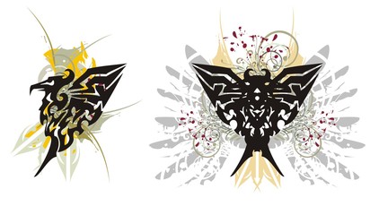 Eagle splashes in grunge style. Tribal eagle wings splashes with floral elements