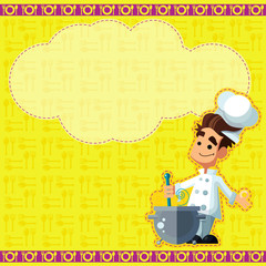 Recipe illustration. Happy smiling male chief cook in style flat