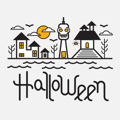 Halloween flat line design, Halloween skull village, Halloween p