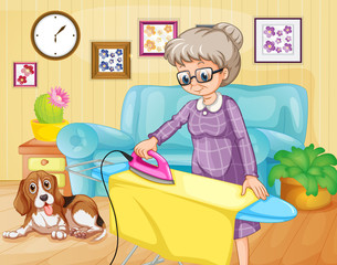 Old woman ironing clothes in a room