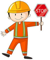 Construction worker holding stop sign