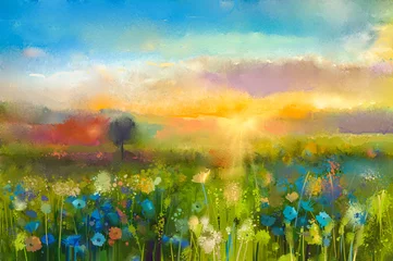 Schilderijen op glas Geschilderde Bloemen Oil painting  flowers dandelion, cornflower, daisy in fields. Sunset  meadow landscape with wildflower, hill and sky in orange and blue color background. Hand Paint summer floral Impressionist style  © nongkran_ch