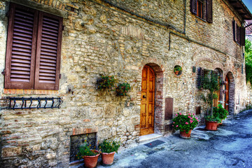 Fototapeta na wymiar brick wall and flowers in San Gimignano