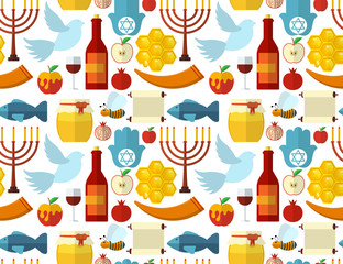 Rosh Hashanah, Shana Tova or Jewish New year seamless pattern, with honey, apple, fish, bee, bottle, torah and other traditional items