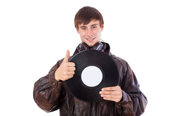 Man with acoustic LPs