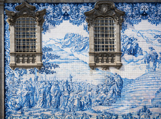 handpainted tiles wall,Porto,Portugal - obrazy, fototapety, plakaty