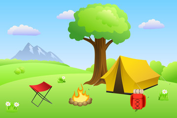 Camping meadow summer landscape day tent campfire tree illustration vector