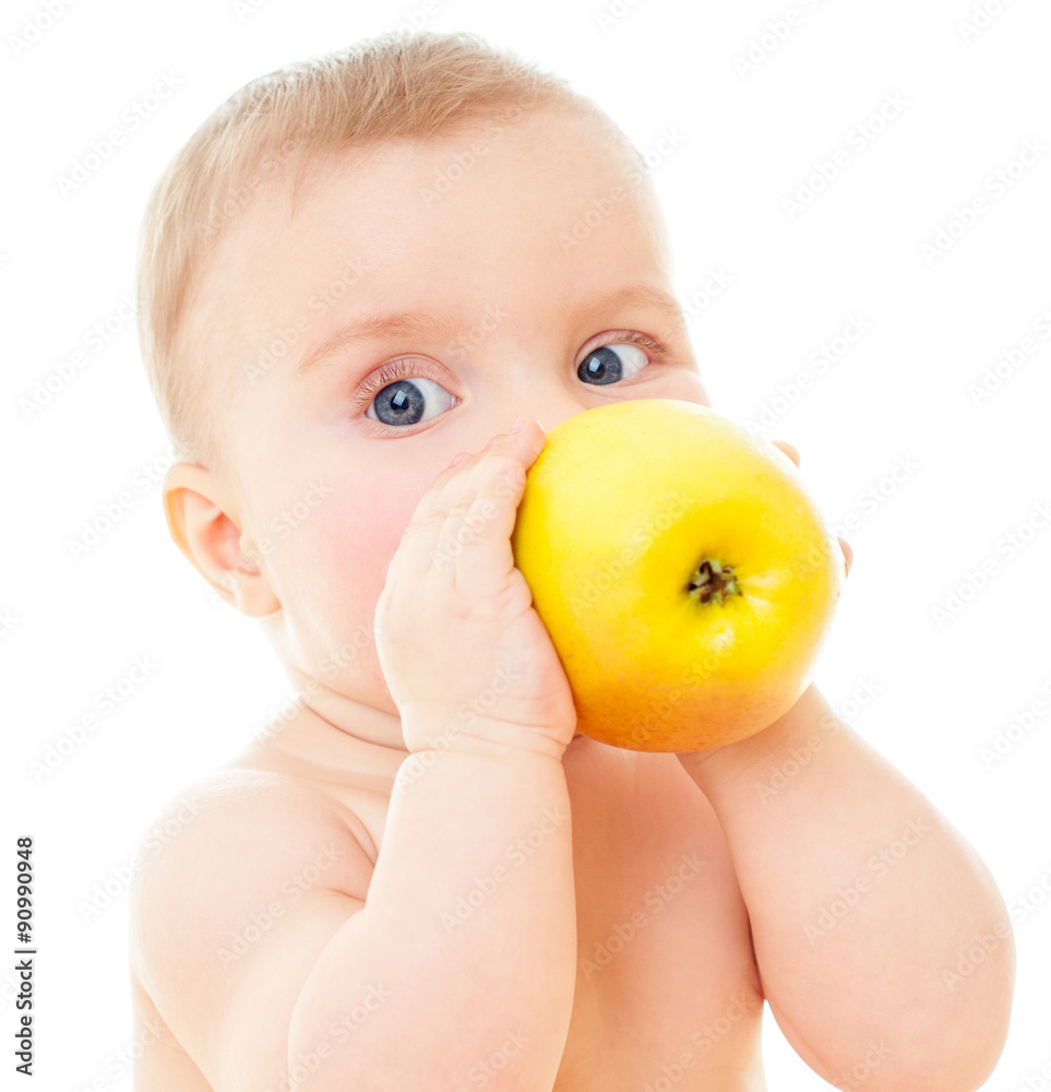 Poster beautiful baby with yellow apple. baby eating healthy food isola - Posters