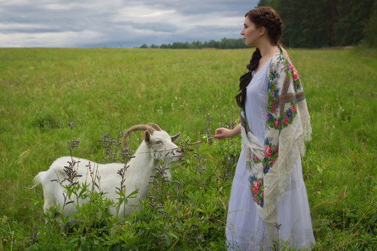 Russian Woman Herding Goats