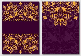 Set of ornate template for design invitations and greeting cards. Gold flower mandala on a purple background in the Damascus style.