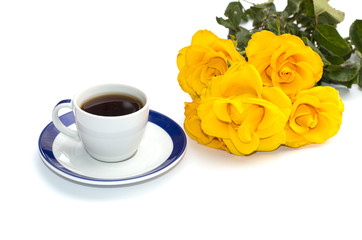 festive card, coffee and beautiful yellow roses, isolate