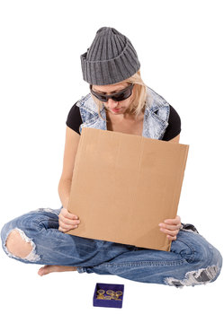 Homeless with blank cardboard