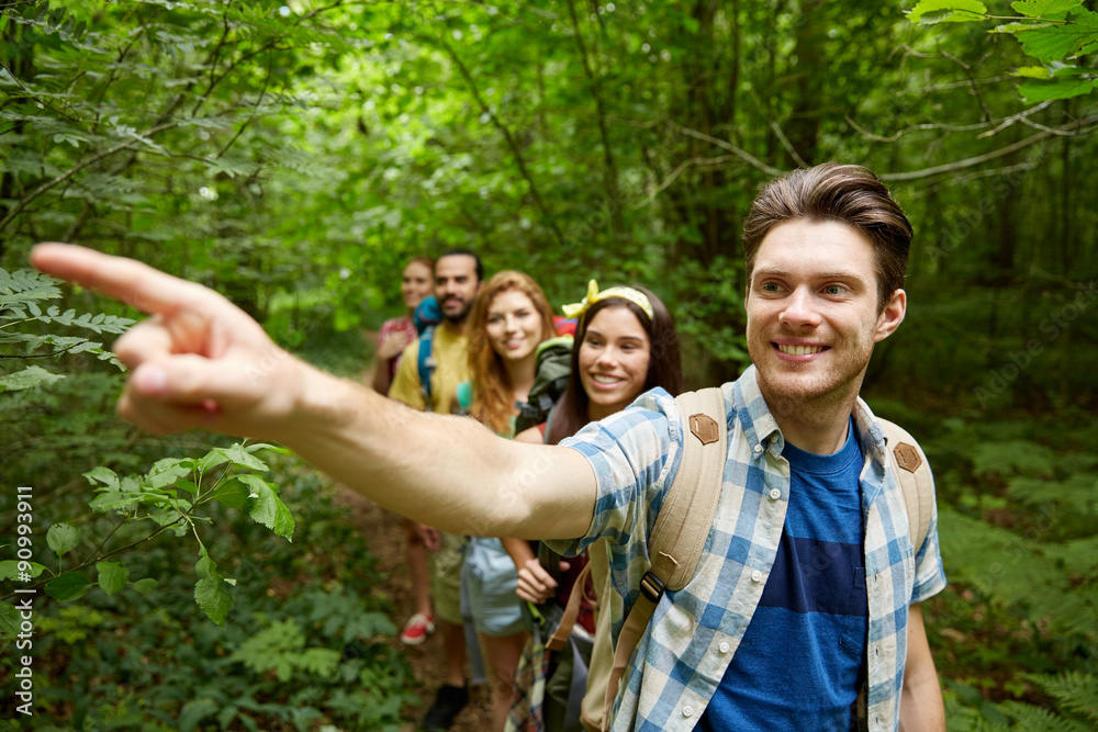 Sticker group of smiling friends with backpacks hiking