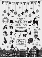 Vector Black Hand Sketched Christmas Doodle Icons.