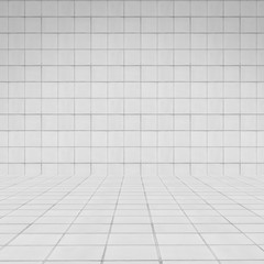Room perspective white  tile wall texture for background
