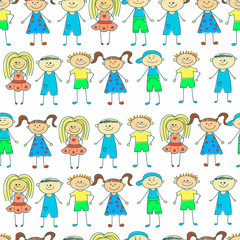 Seamless children background, repeating pattern with happy kids. Vector illustration.
