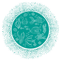 Round background with sea fishes and dots frame. Vector illustration.