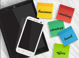 Cellphone and tablet with reminders stickers on white wooden table vector