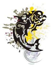 Grunge parrot fish. Tribal parrot fish with colorful splashes and drops