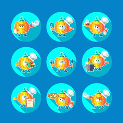 Round flat vector icon set with chef pumpkin and kitchenware