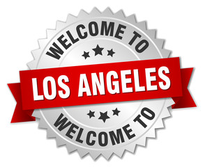 Los Angeles 3d silver badge with red ribbon