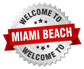 Miami Beach 3d silver badge with red ribbon