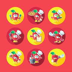 Round flat vector icon set with chef apple and kitchenware
