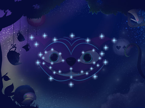 Kids book illustration. Cheshire cat constellation.