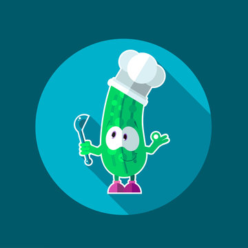 Round flat vector icon with chef cucumber and kitchenware