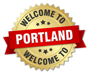 Portland 3d gold badge with red ribbon