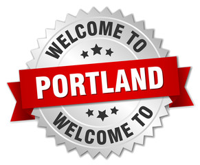 Portland 3d silver badge with red ribbon