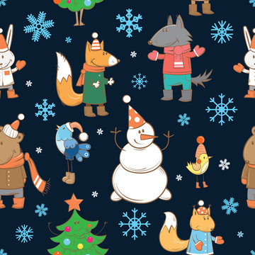 Winter vector seamless pattern with cartoon forest animals, snowmen and firtrees on a blue background.