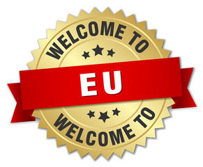 eu 3d gold badge with red ribbon