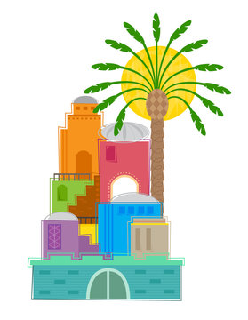 colorful buildings palm tree sun clip art preview