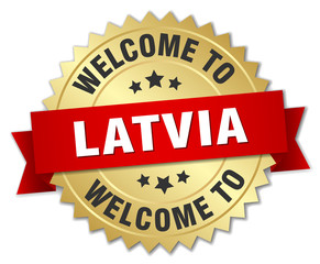 Latvia 3d gold badge with red ribbon