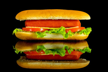 hot dog with fresh leaf lettuce two slices of tomato and cheese with reflection isolated on a black background
