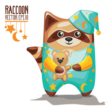 Card with cute raccoon in pajamas.