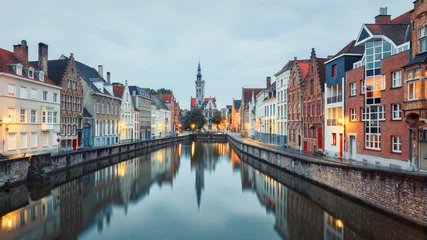 Foto op Plexiglas  Jan van Eyck Square over the waters of Spiegelrei, Bruges © lena_serditova