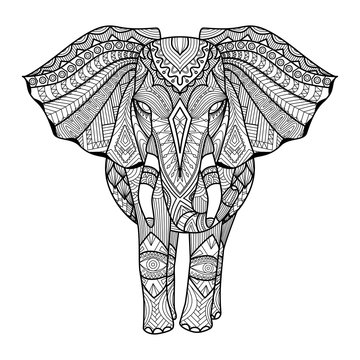 Drawing unique ethnic elephant for print, pattern,logo,icon,shirt design,coloring page.