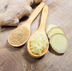 Fresh ginger on board closeup.