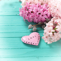 Background with fresh pink hyacinths  and  decorative heart